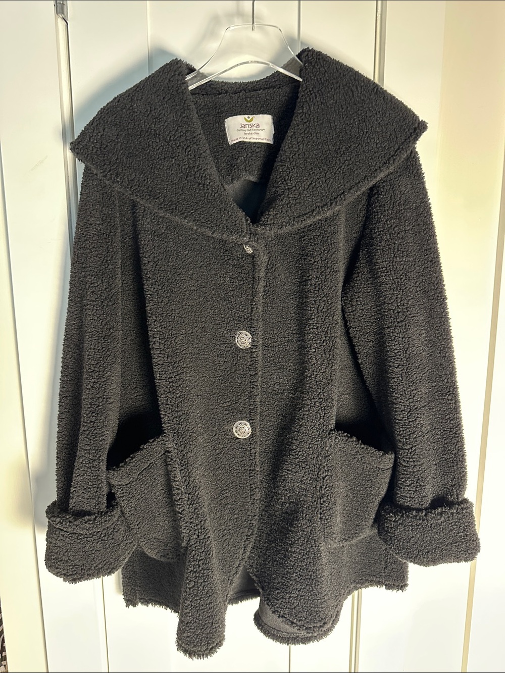 JANSKA Sherpa Fleece Shawl Collar Jacket Black SIZE LARGE EC LIKE NEW